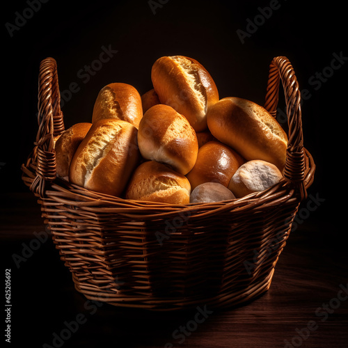 Wicker basket filled with delicious assortment of bread. Generative AI.