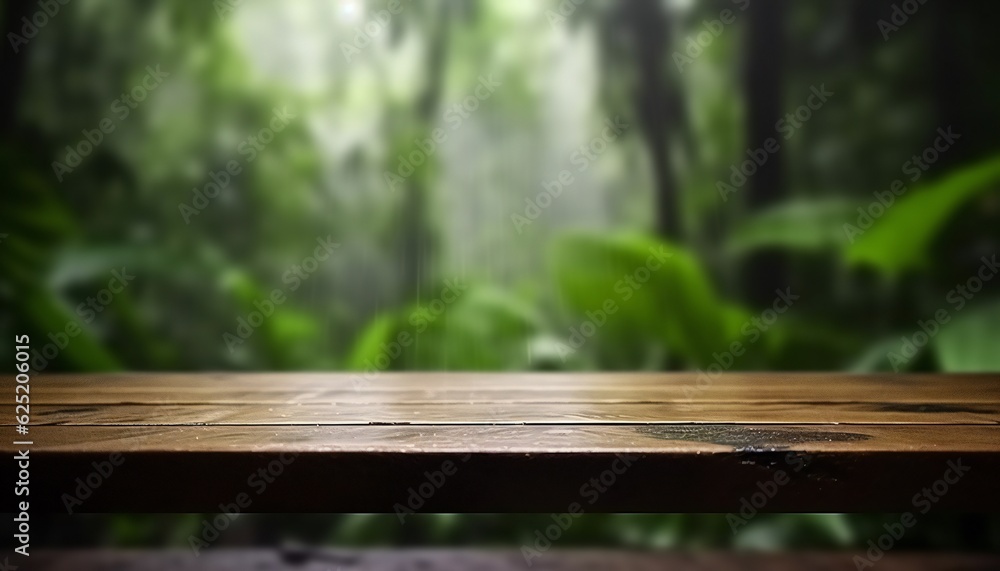 Empty wooden table in the rainy tropical forest wilderness Empty wooden table in the rainy tropical forest wilderness