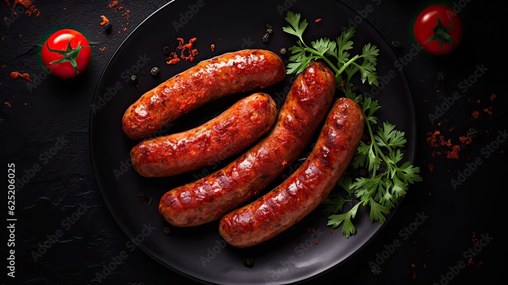 Boiled sausage with ketchup on a black plate  - obrazy, fototapety, plakaty 