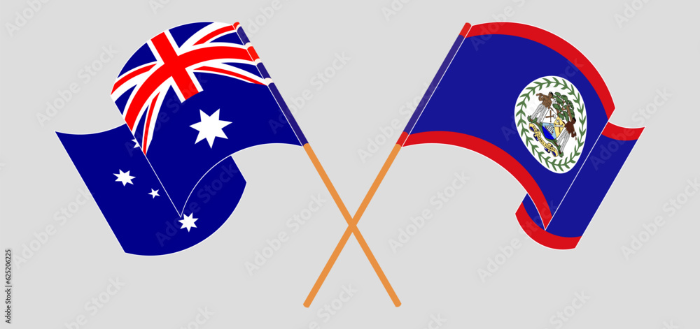 Crossed and waving flags of Australia and Belize Crossed and waving flags of Australia and Belize