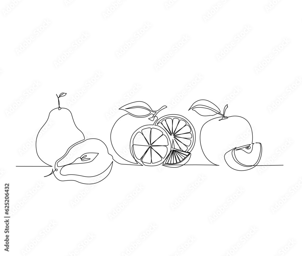 Avocado, orange, and apple one line vector. Continuous one line drawing of Fruits. Editable stroke. Avocado, orange, and apple one line vector. Continuous one line drawing of Fruits. Editable stroke.
