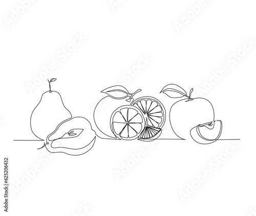 Avocado, orange, and apple one line vector. Continuous one line drawing of Fruits. Editable stroke.