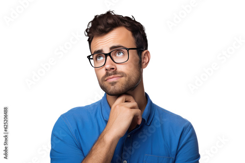 Thinking young man in doubt with hand in beard, transparent background