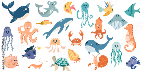 Fish and wild marine animals big collection. Set with hand drawn sea life elements. Vector doodle cartoon illustration of marine life objects for your design.
