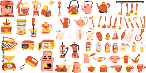 Kitchenware set. Kitchen utensils, tools, equipment and cutlery for cooking. Cook appliances and accessories collection. Flat vector illustrations of cookware objects isolated on white background