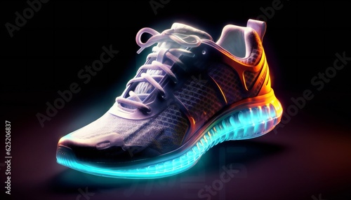 Hologram shoes and sports for fitness with neon colours on black