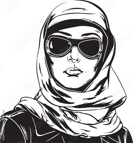 Vintage woman in a balaclava mask 60s style young woman. Retro comics woman head black and white ink drawing, American cartoon advertising illustration, vector, SVG	