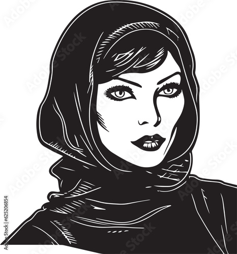 Vintage woman in a balaclava mask 60s style young woman. Retro comics woman head black and white ink drawing, American cartoon advertising illustration, vector, SVG	
