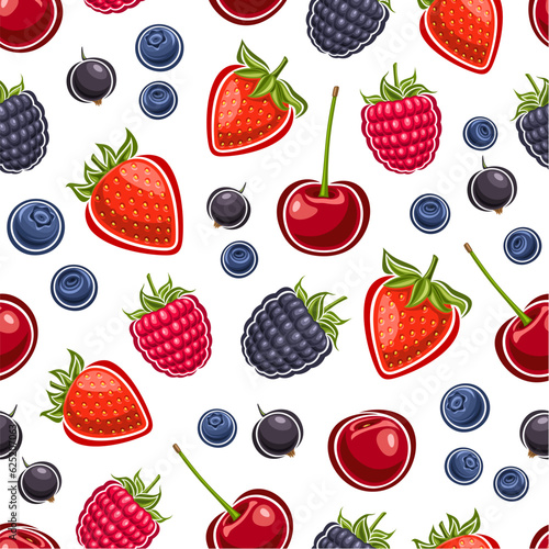 Vector Berry Seamless Pattern, repeat background with different cut out ripe garden berries for bed linen, decorative square poster with many flat lay whole juicy berry fruits for home interior decor