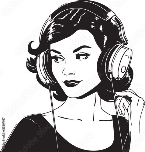 Vintage woman in a headphone 60s style young woman. Retro comics woman head black and white ink drawing, American cartoon advertising illustration, vector, SVG	