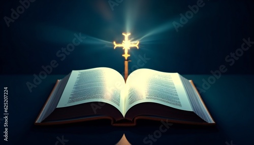 Open Bible with a glowing cross on a dark blue background © kilimanjaro 