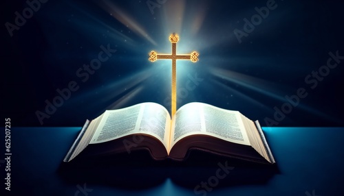 Open Bible with a glowing cross on a dark blue background