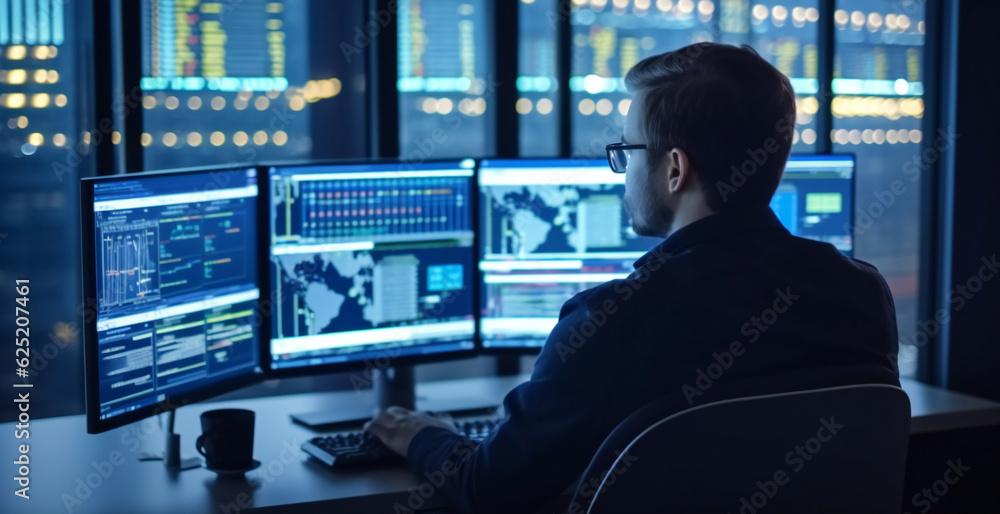 Professional IT programmer working in a data centre at night Professional IT programmer working in a data centre at night