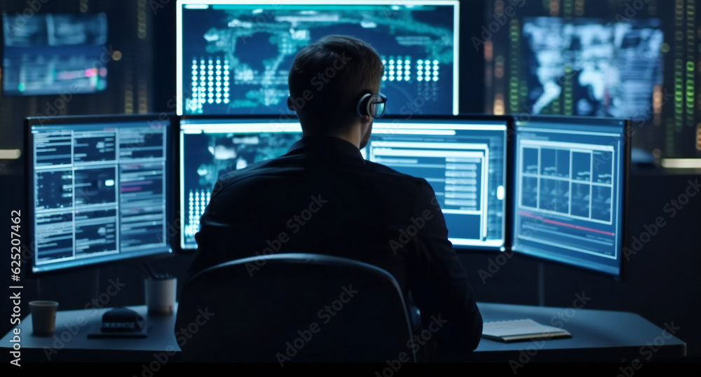 Professional IT programmer working in a data centre at night