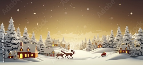 Santa Claus delivering gifts in snowy village. Merry Christmas greeting. © Postproduction