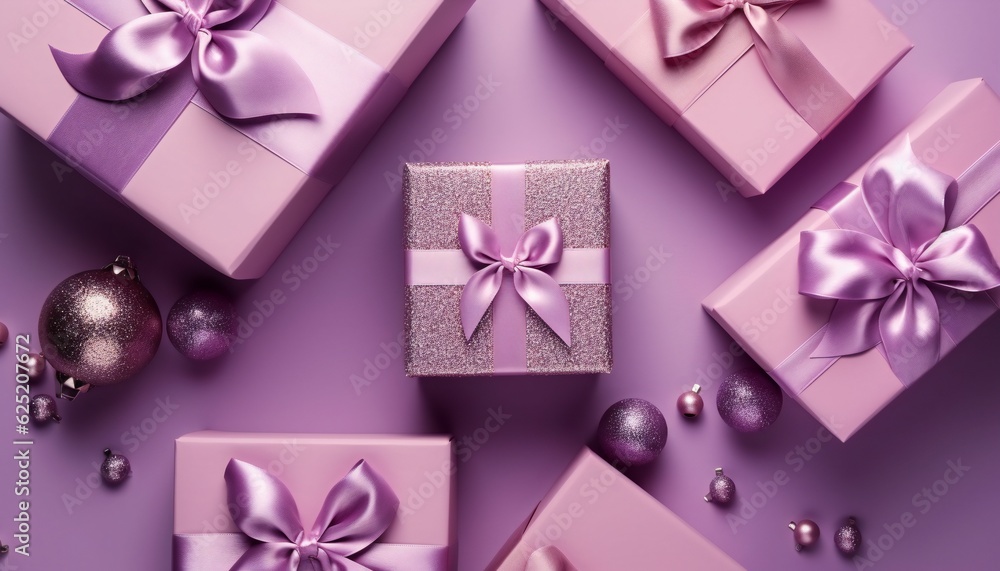 Top view photo of lilac gift boxes with ribbon bow