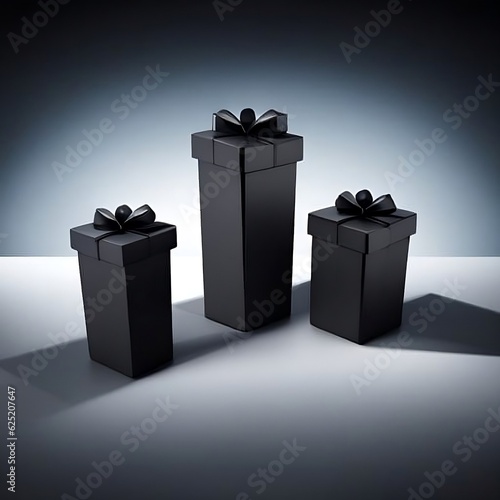 photo of black 3d gift boxes placed on dark background generated by AI. black friday, Generative AI photo