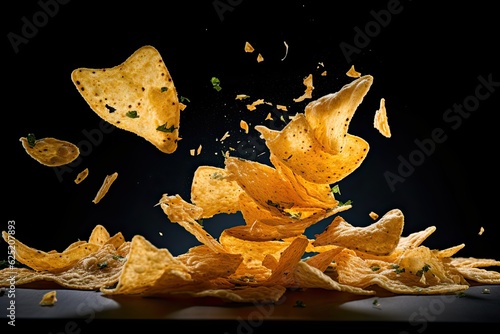 Falling corn chips, hot Mexican nachos isolated on black background