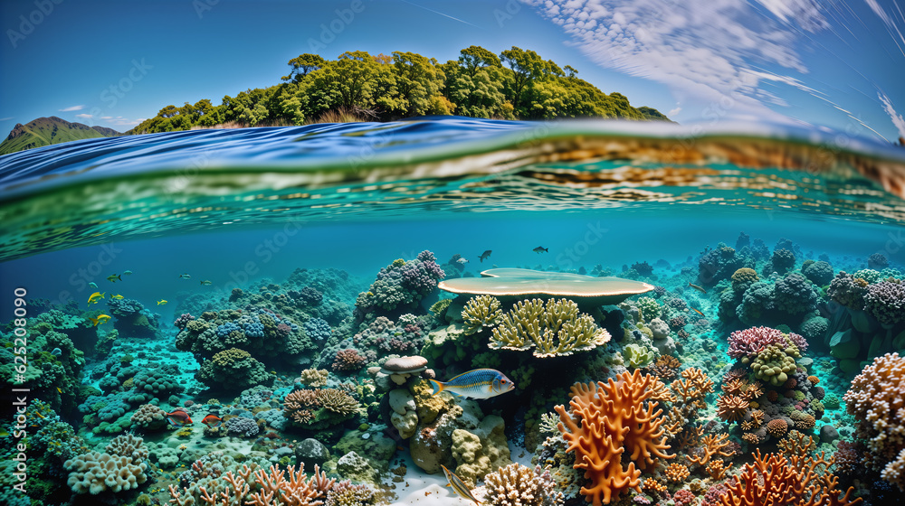 Obraz premium Tropical coral reef and island - AI Generated