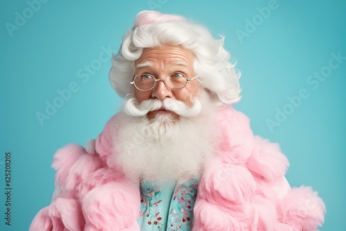 Illustration of happy smiling positive Santa Clause with white hipster beard and hairstyle. Christmas creative idea with grandpa in casual clothes. Pastel colors. Generative AI.