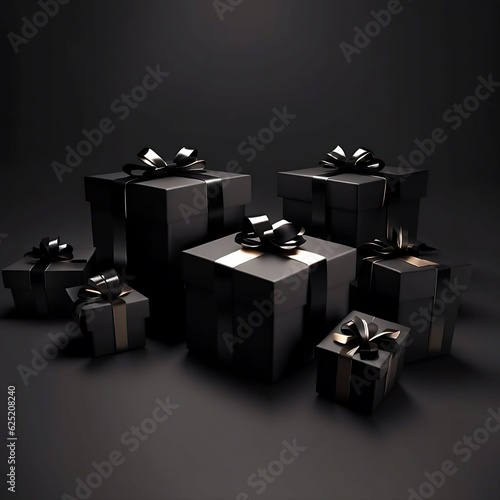 photo of black 3d gift boxes placed on dark background generated by AI. black friday, Generative AI