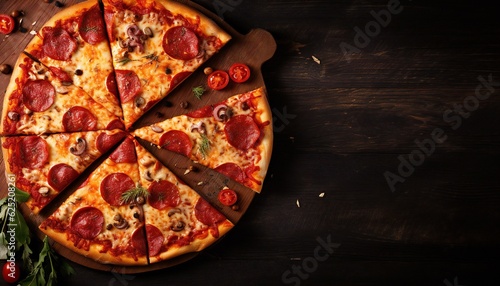 Cut pizza on a table, top view