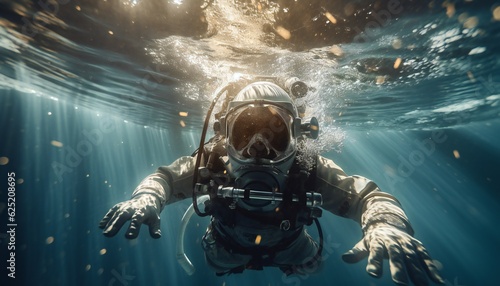 Astronaut swimming underwater in the ocean during a training session