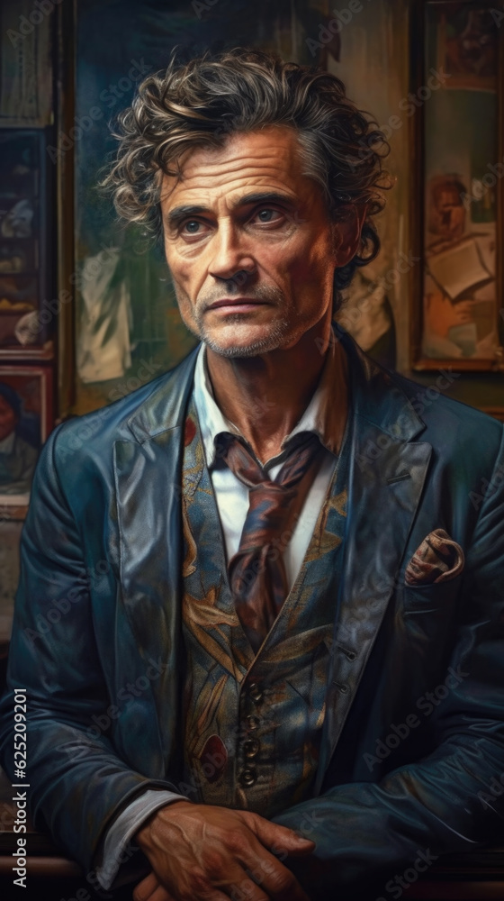 A painting of a man in a suit and tie. Generative AI. A painting of a man in a suit and tie. Generative AI.