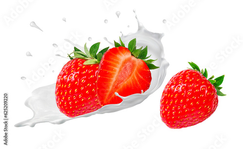 Splash and drops yogurt, milk, ice cream ripe strawberry  isolated