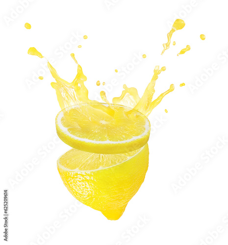 Fresh lemon isolated and lemon juice, splash on white background