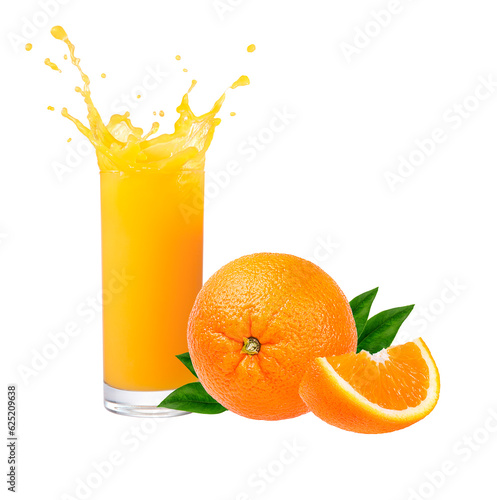 Orange fruit i and orange juice  splash isolate on white  background