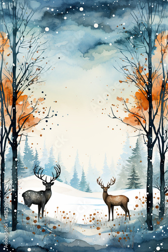A painting of two deer in a snowy forest. Generative AI. Winter greeting card design, wintertime background with copy space, place for text. © Friedbert