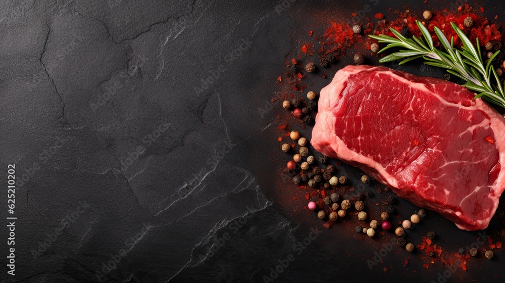 Fresh cut of beef meat with spices on a dark background