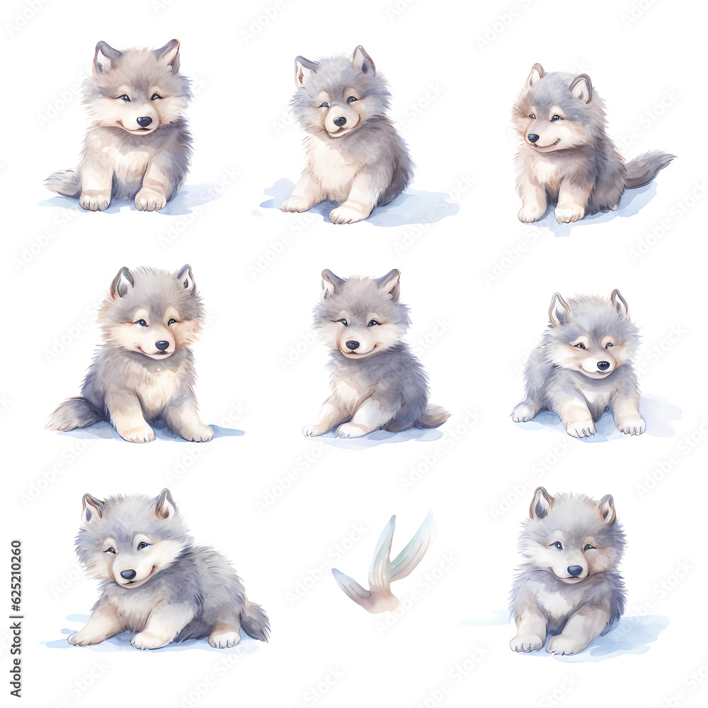 Set of cute grey babies wolf rolling on snow in different angles, Illustration watercolor with isolated white background, concept of children book character Set of cute grey babies wolf rolling on snow in different angles, Illustration watercolor with isolated white background, concept of children book character