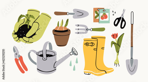 Set of various garden items. Gardening Tools. Gloves with seedling, flower pot, tulip, shears, scissors, shovel, rubber boots, watering can, seeds. Hand drawn Vector illustration. Horticulture concept #625210210