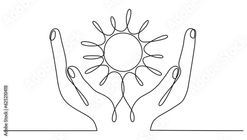 Hands hold sun continuous one line drawn. Vector illustration isolated on white.