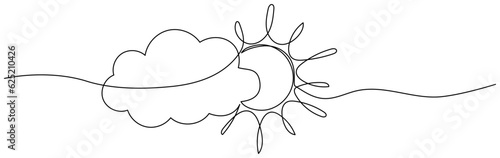 Sun with cloud continuous one line drawn. Sky linear symbol. Vector illustration isolated on white.