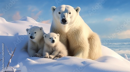 Mother polar bear with cubs. Created with Generative Ai technology.