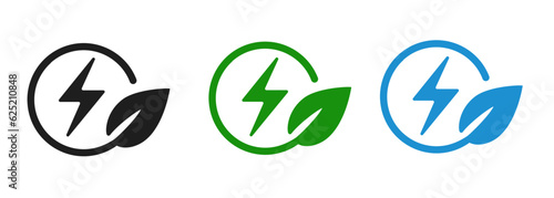 Icon symbol of green electricity eco environmental friendly power source thunder bolt in leaves circle