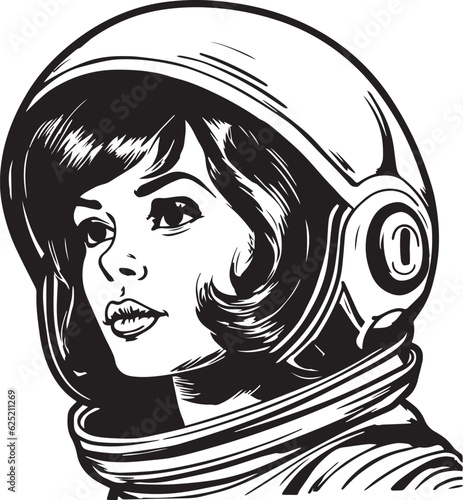 Vintage woman in a space suit 60s style young woman. Retro comics woman head black and white ink drawing, American cartoon advertising illustration, vector, SVG	