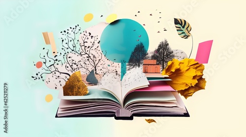Art style collage reflects the concept of reading books, symbolizing the joy of literary exploration, the thirst for knowledge, and the immersive experiences offered by literature. Generative AI