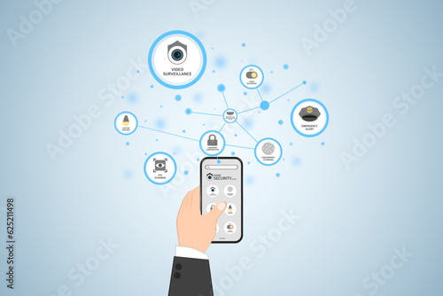 Smart home security system, Home automation with application on smartphone for security camera, Electric appliance or Device control, Infographic program for monitoring or management in the buildings.