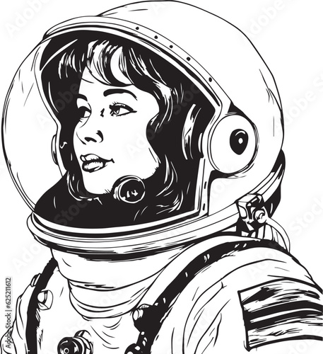 Vintage woman in a space suit 60s style young woman. Retro comics woman head black and white ink drawing, American cartoon advertising illustration, vector, SVG	
