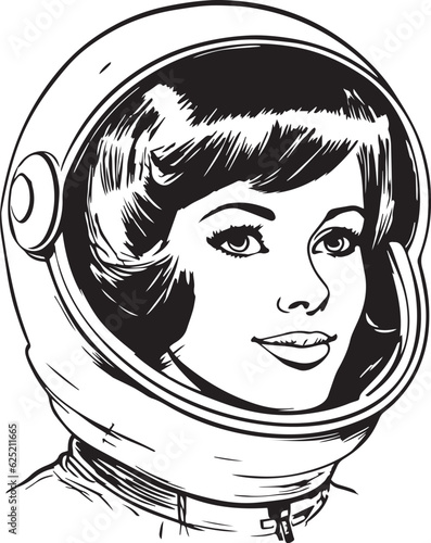 Vintage woman in a space suit 60s style young woman. Retro comics woman head black and white ink drawing, American cartoon advertising illustration, vector, SVG	