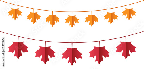 Maple leaf garland in orange and red colors for autumn seasson, vector isolated on white background, paper cut effect