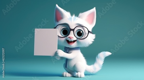 Cute Cartoon Cat Holding a Blank Sign. Created with Generative AI. 