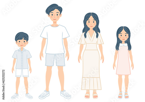 4人家族　夏の装いイラスト
Family of 4 summer outfit illustration
