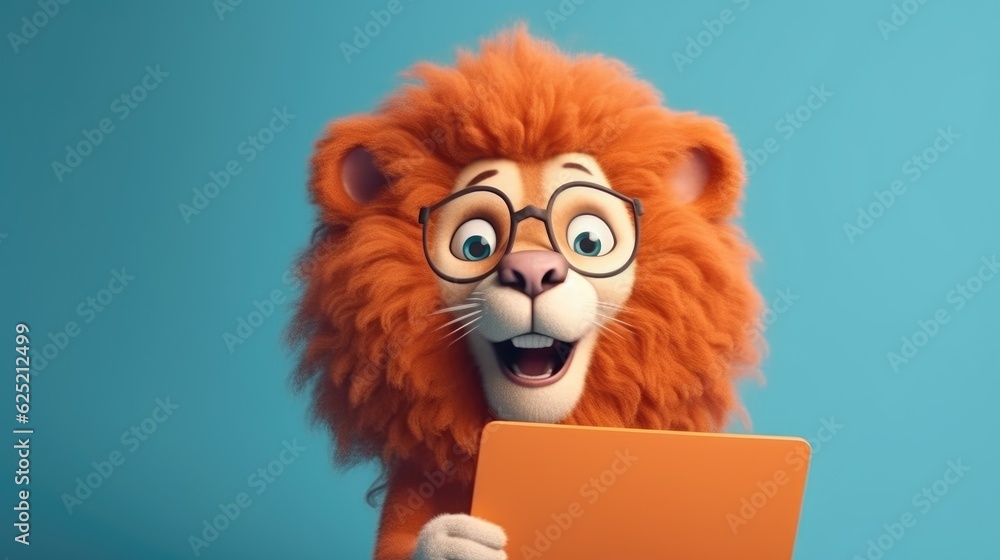 Cute happy lion cartoon holding a blank sign. Created with Generative AI. Cute happy lion cartoon holding a blank sign. Created with Generative AI.