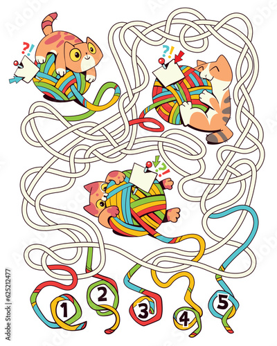 Cat plays with a ball of fur. Children logic game to pass maze. Educational game for kids. Choose right path. Write correct answers. Funny cartoon character. Vector illustration. Worksheet for book