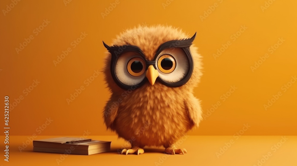 Fototapeta premium Cute happy owl cartoon holding a blank sign. Created with Generative AI.